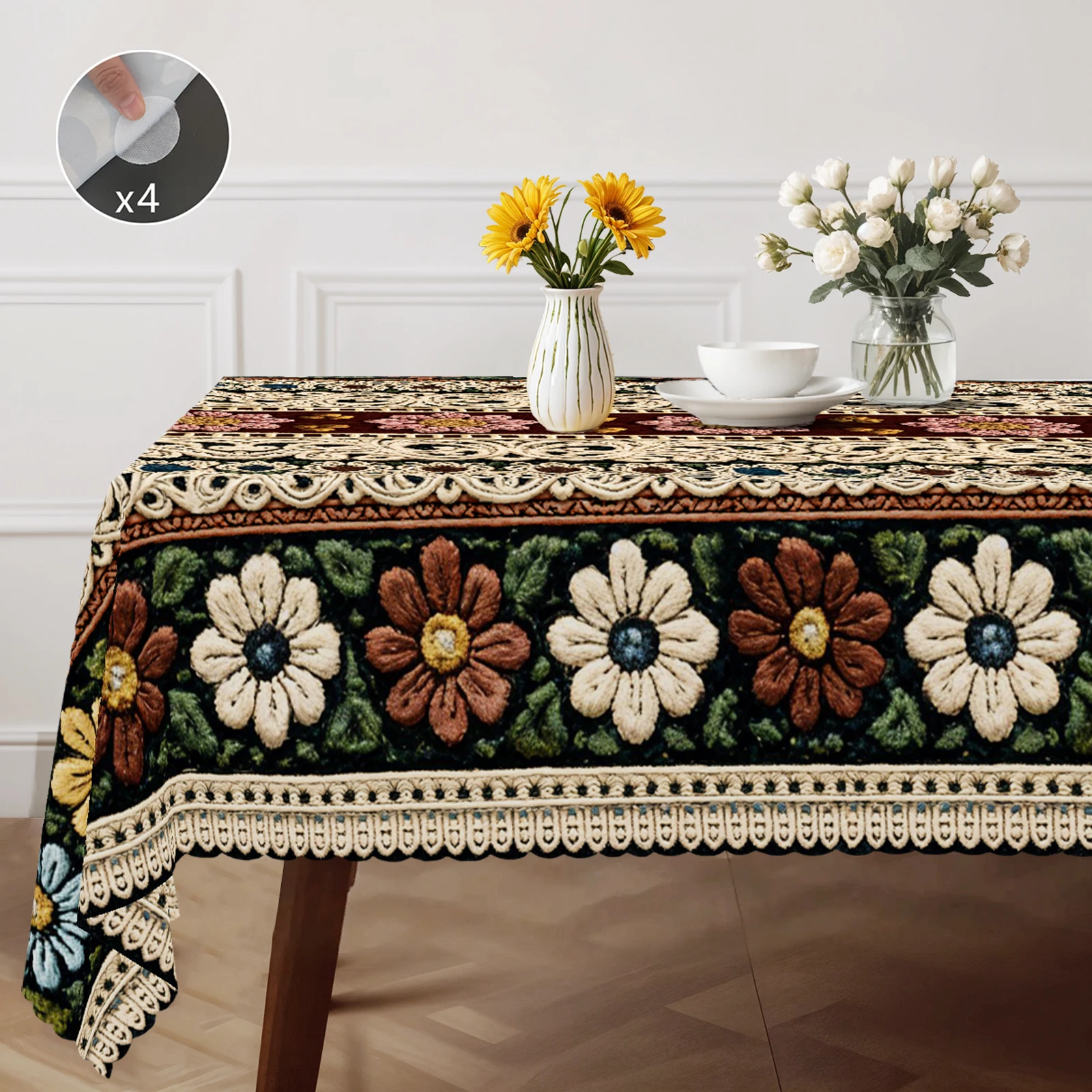 Vintage Floral-Themed Tablecloth, Anti-Knitting Style Floral Print, Classic Lace, Vibrant Colors with a Low-Key Luxury Floral Pattern, Embossed Edges, Waterproof, Wrinkle-Resistant, Fade-Resistant, Suitable for Rectangular and Round Dining Tables, Home Kitchen Living Room Dining Table Balcony Coffee Table, Holiday Party Holiday Table Decoration, Outdoor Picnic Decoration, Tea Table Decoration, Perfect Gift, Spring, Summer, Autumn, Winter Decoration Comes with 4 Anti-Slip Stickers. P-87