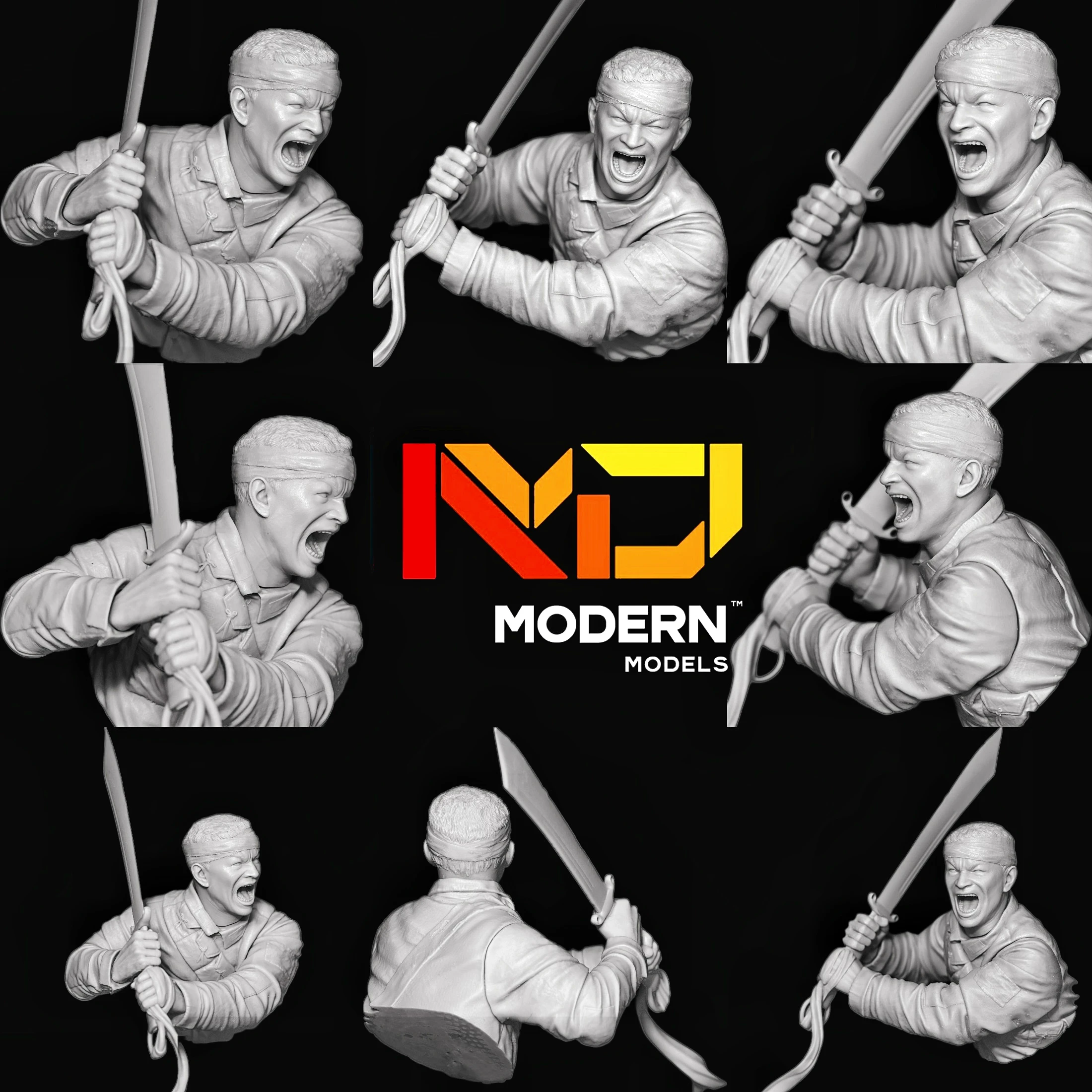 Modelo moderno: estatua de busto de dos cabezas, guerrero sabre del ejército de octava ruta, estatuilla de resina, molde blanco