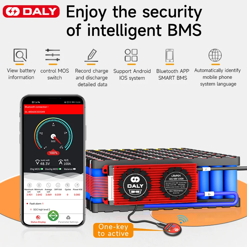 Daly BMS 블루투스 및 밸런서 포함 최신 2024 와이파이 100A, Lifepo4 배터리 3.2V 4S 12V 8S 24V 16S 48V BMS