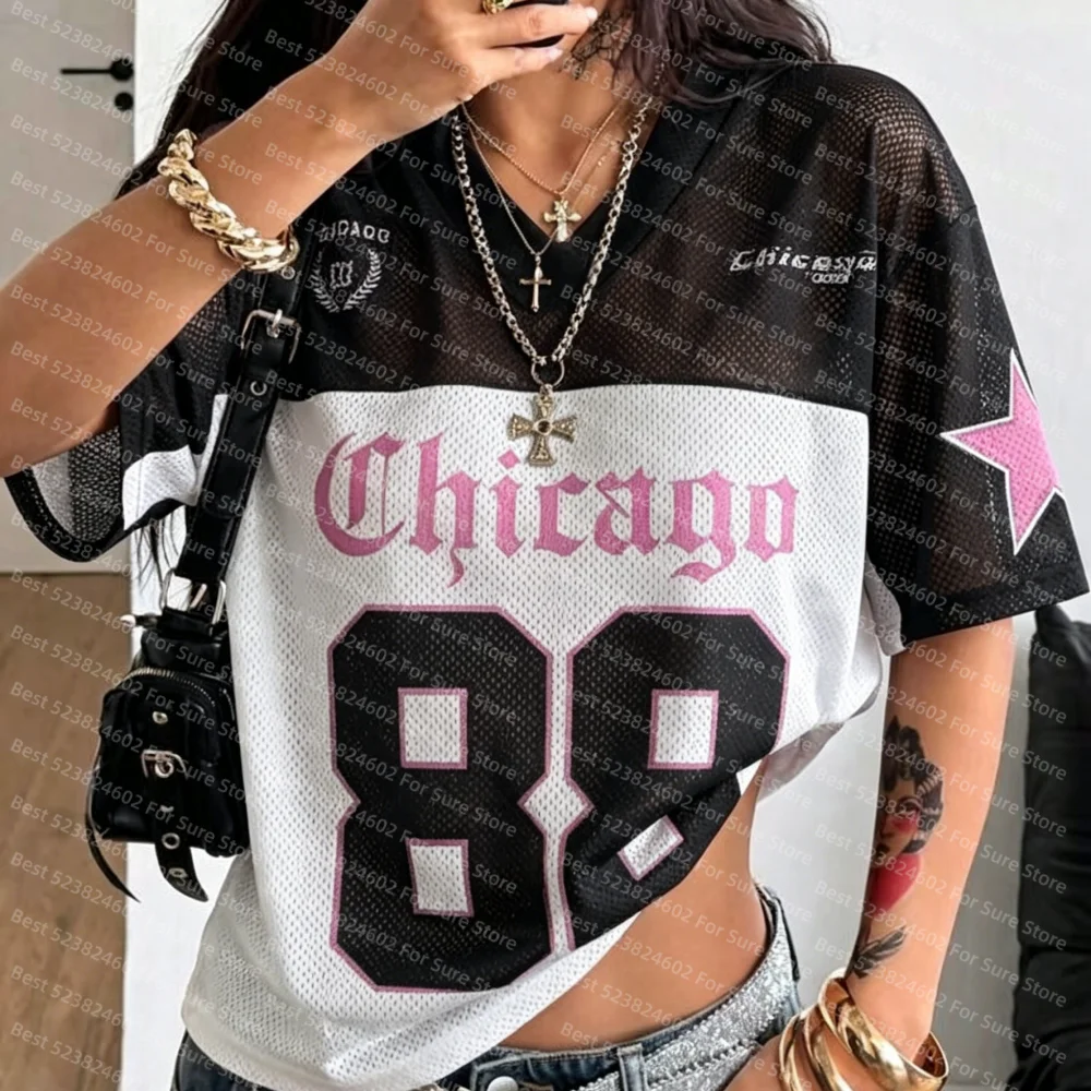 V Neck Chicago 88 Mesh Football Shirt Jersey Tops Women Black White Patchwork Short Sleeve Y2K Streetwear Casual Summer Shirt