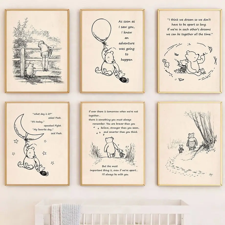 Set Of Six Nursery Kids Story Bear Piggy Vintage Nordic Poster Wall Art Print Canvas Painting Boy Girl Pictures Baby Room Decor