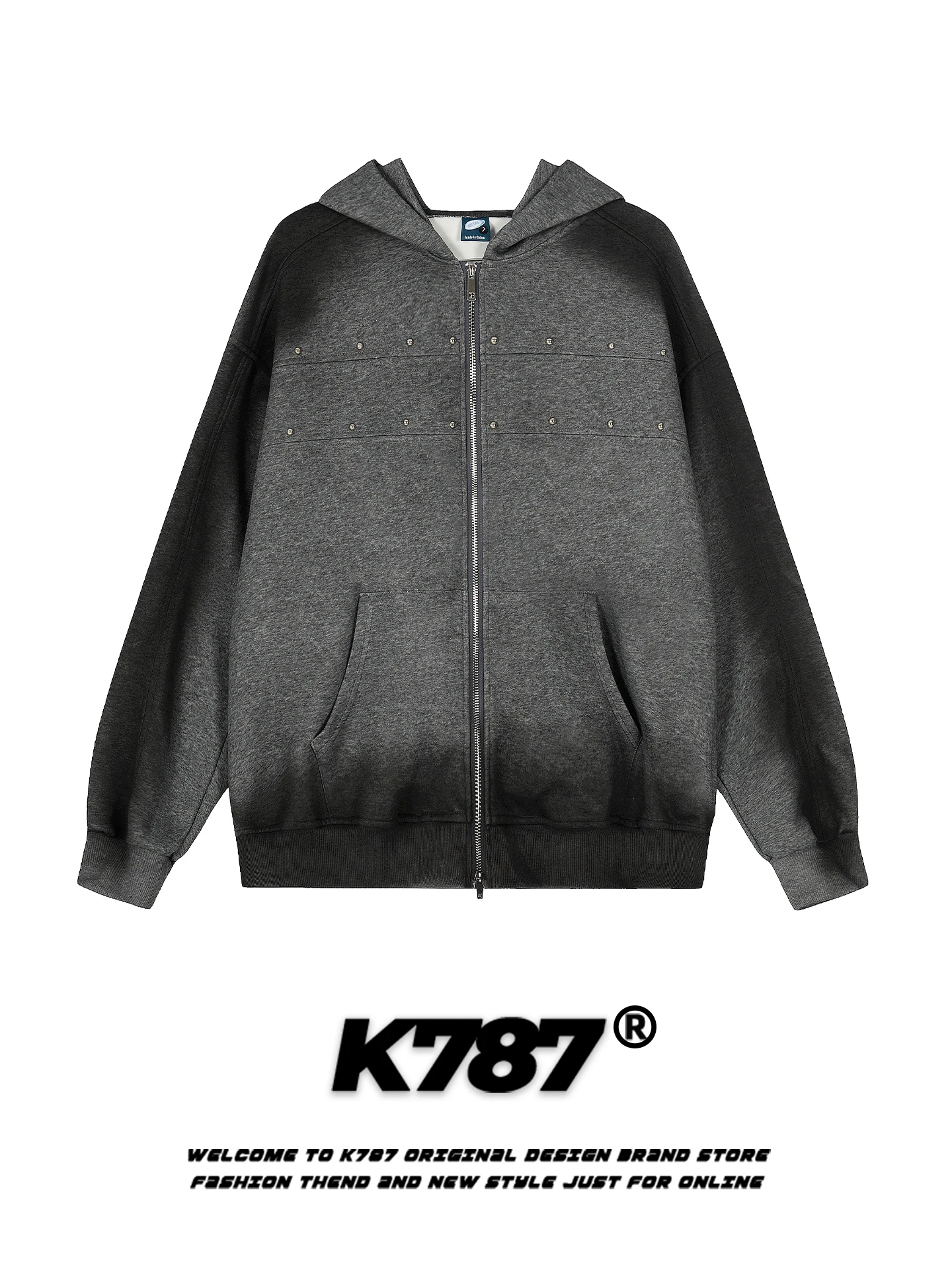 

K787 American Retro Color Blo Rivet Hoodie Loose Casual Trendy Spring Zipper Jaet for Men And Women Couples