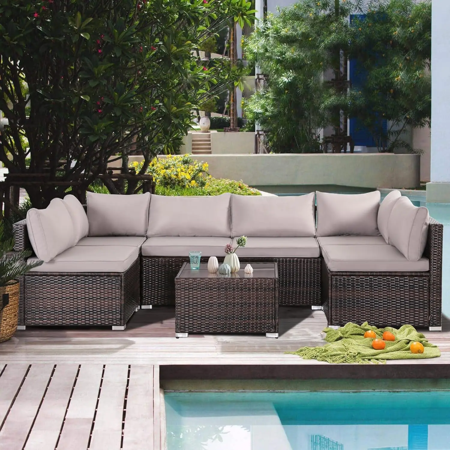 

7 Pieces Outdoor Patio Furniture Set Modular Patio Set Wicker Outdoor Sectional Sofa Set PE Rattan Patio Conversation Sets