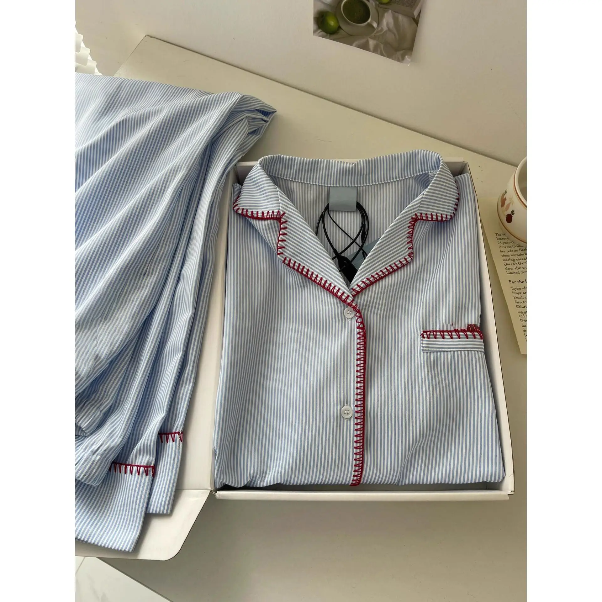 Women Striped Pajama Set Long Sleeve Lapel Button Top Red Stitch Trim Loose Pants 2 Piece Soft Casual Loungewear Sleepwear