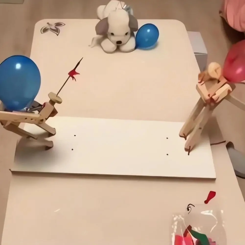 2024 New Handmade Wooden Fencing Puppets, Wooden Bots Battle Game for 2 Players，Fast-Paced Balloon Fight, Whack a Balloon Party