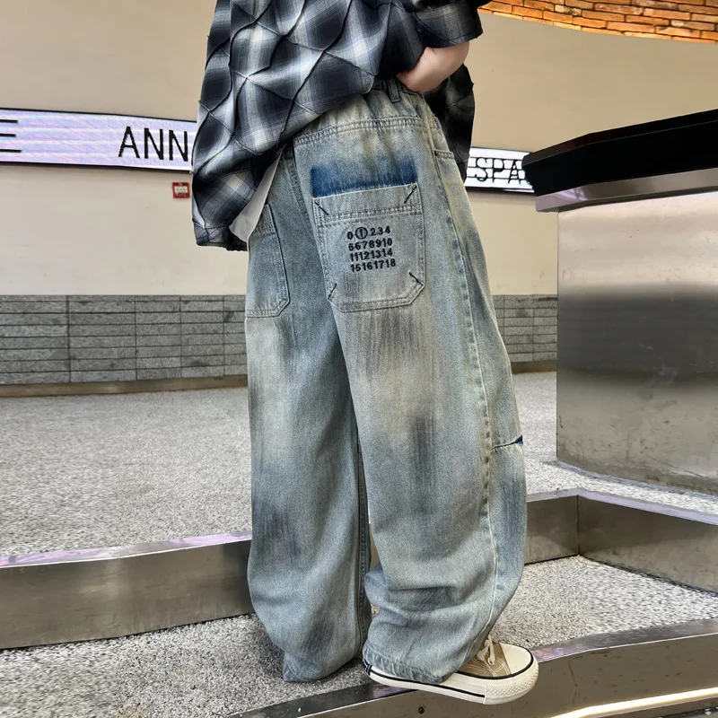Retro Blue Kids Ripped Jeans with Letters Casual Loose Straight Denim Pants for Tween Boys Stylish Distressed Child Trousers