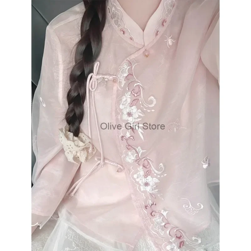 Women\'s Two Pieces Outfits Embroidered Pink Flower Top Short Skirt Traditional Chinese Clothing Women\'s Summer 2024 High-end Set