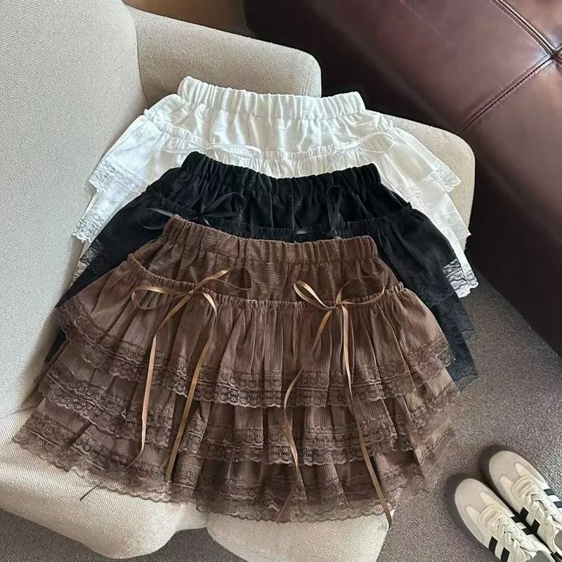 Skirts Full-skirted A-line Women's High-waisted Lace Patchwork Bow Ribbon Velvet Cute New Casual Niche Versatile Fashionable