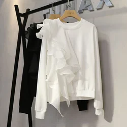 Irregular Layered Panel Ruffled Hoodies Women 2024 Autumn New Round Neck Sweatshirt Women's Loose Long Sleeve Hoodie Top