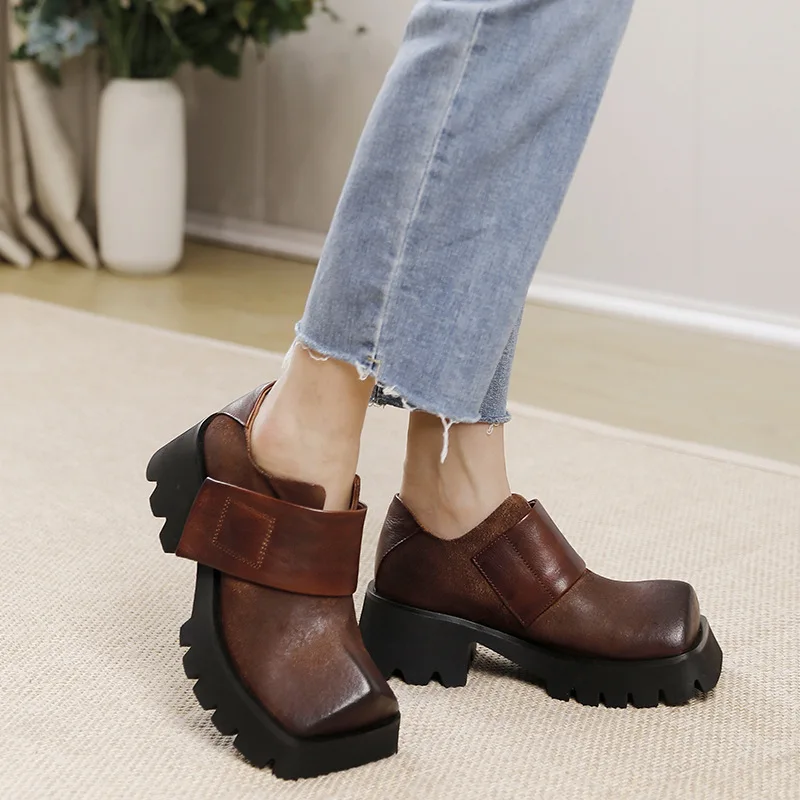 New Fashion Cowhide Handmade Genuine Leather Thick Sole Shoes Women Vintage Cow Leather Platform Heels Female Casual Shoes 