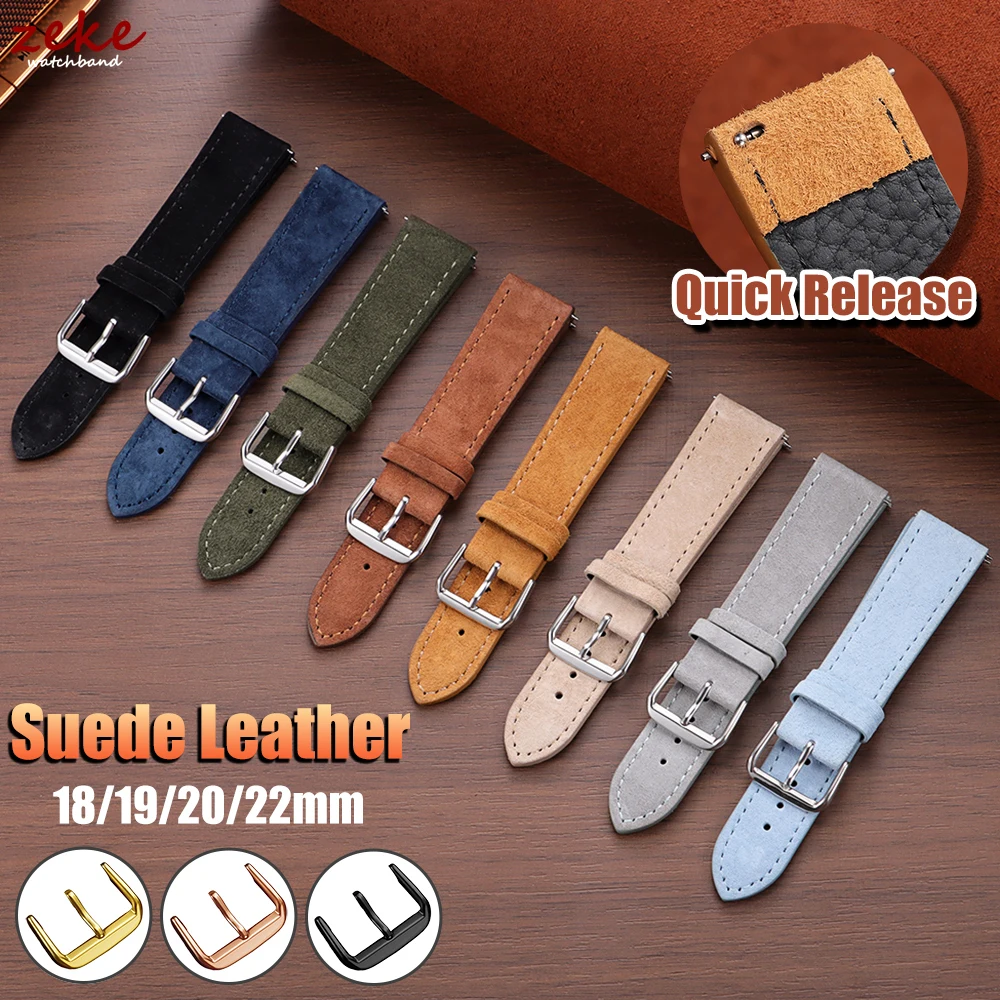 Genuine Suede Leather Watch Band 18mm 19mm 20mm 22mm Straps Universal Quick Release Bracelet Vintage Brown Beige Black Wristband