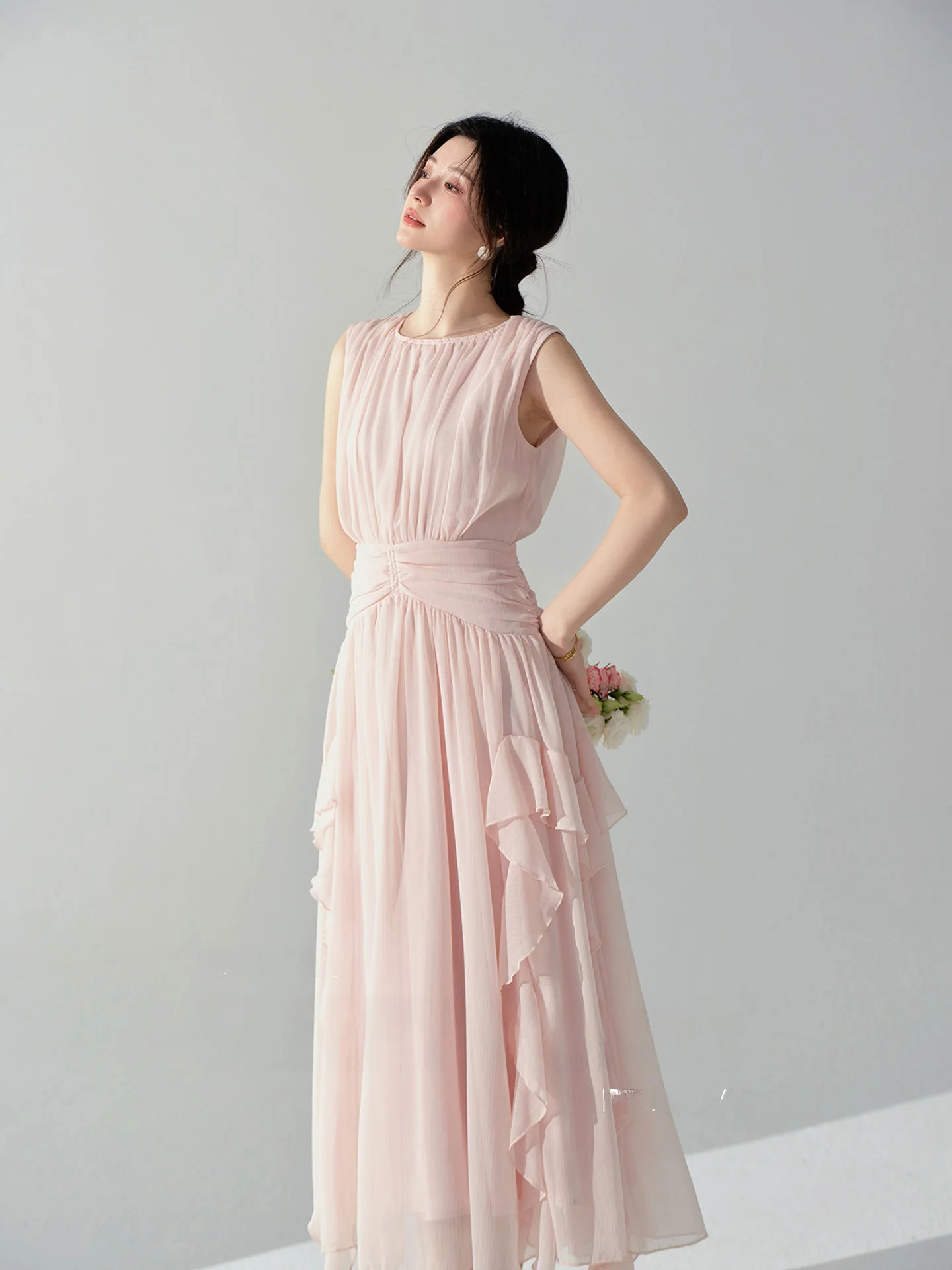

Pink Gentle Style round Neck Asymmetrical Sleeveless Dress Waist Cinched Chiffon Women's Clothing Gentle Style Standard Fit D...