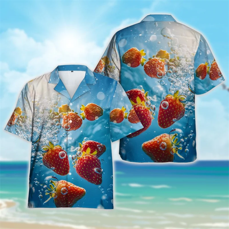 Camisa de praia gráfica masculina Cold Splash Fruits, pêssegos coco kiwi camisas havaianas, roupas de frutas frescas, melancia laranja Tops