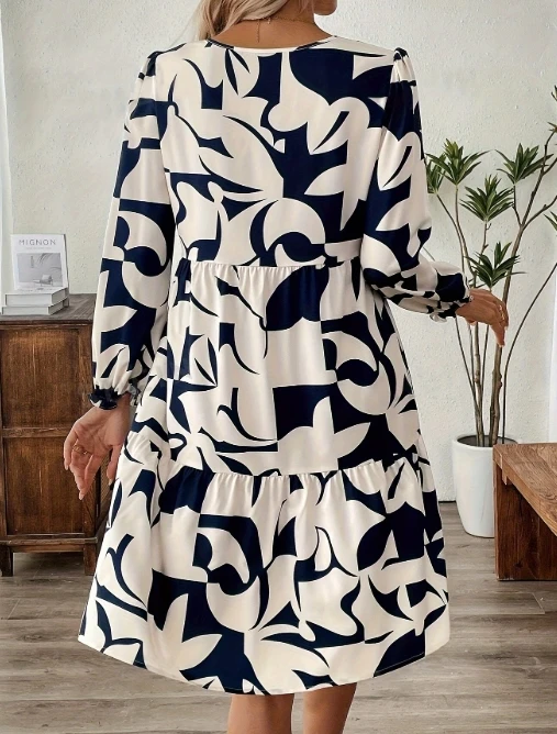 Elegant Women's Loose Dresses Novelty Woman Dress 2025 Printed Round Neck Long Sleeved Commuting Dress for Women