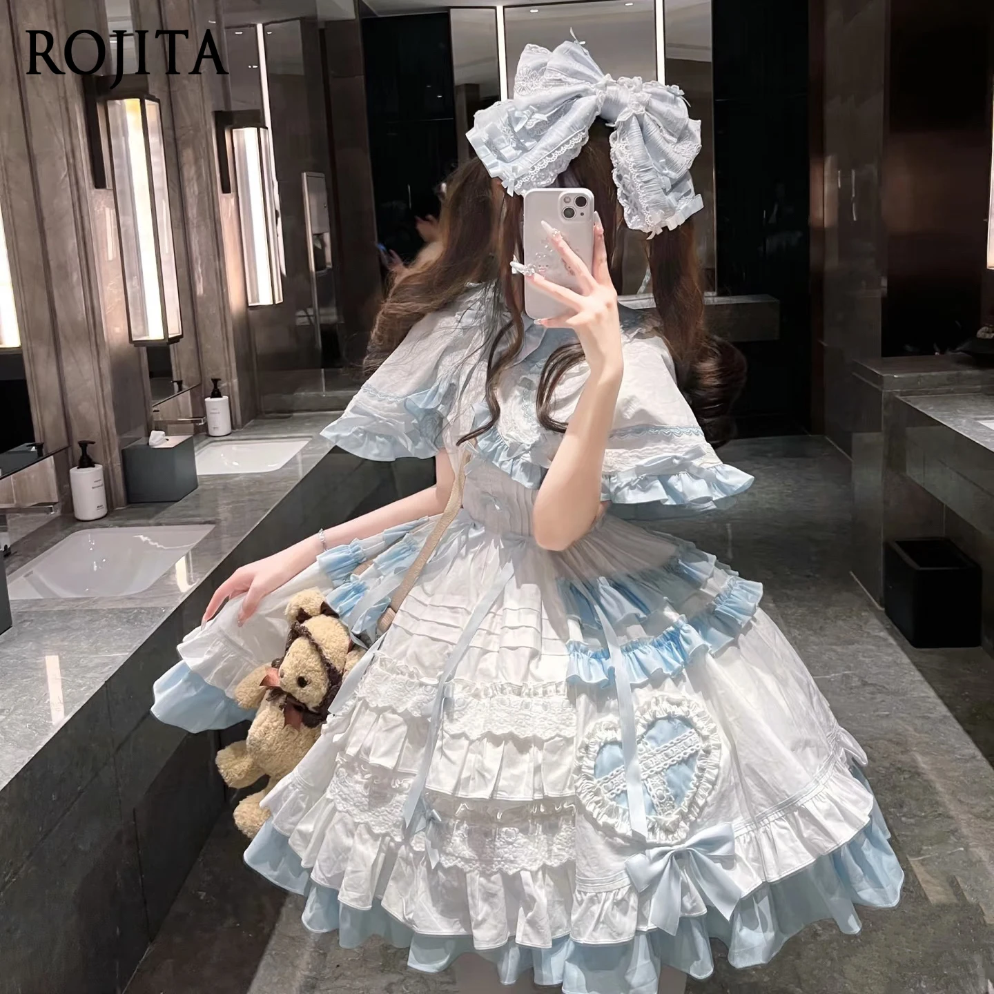 

Spring Summer Original Blue Lolita Dresses Women's Cute Princess Dress Sweet Girl Heart Dress Set Strap Dress + Shawl