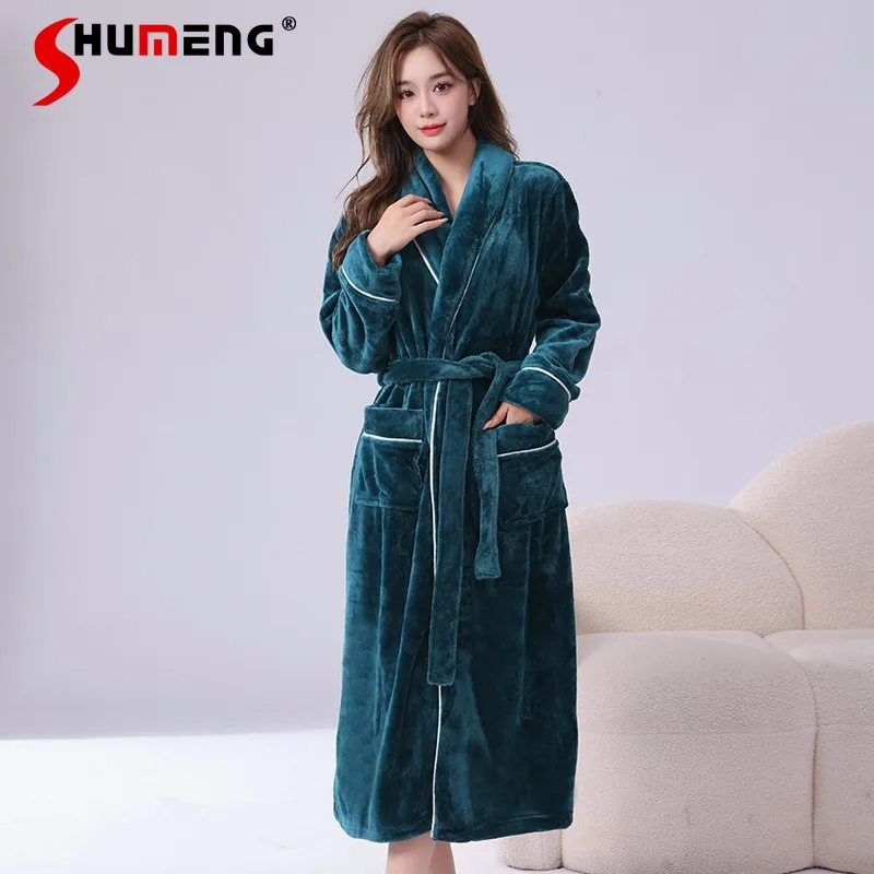 

Thickened Nightgown Robes for Women Autumn Winter Long Couple Bathrobe Female Japanese Style Fleece Long Robe Sleepwear