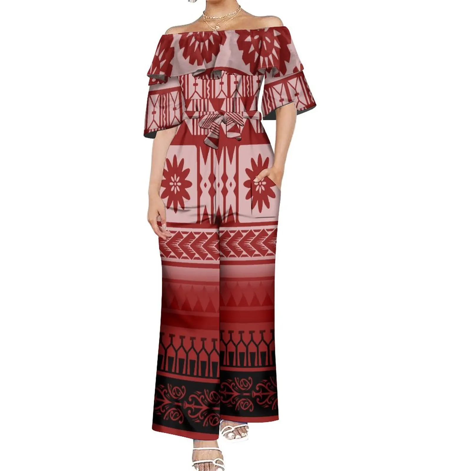 Summer Rompers Women Ethnic Print Custom Rompers Casual Long Trousers Polynesian Women's One-Shoulder Temperament Rompers