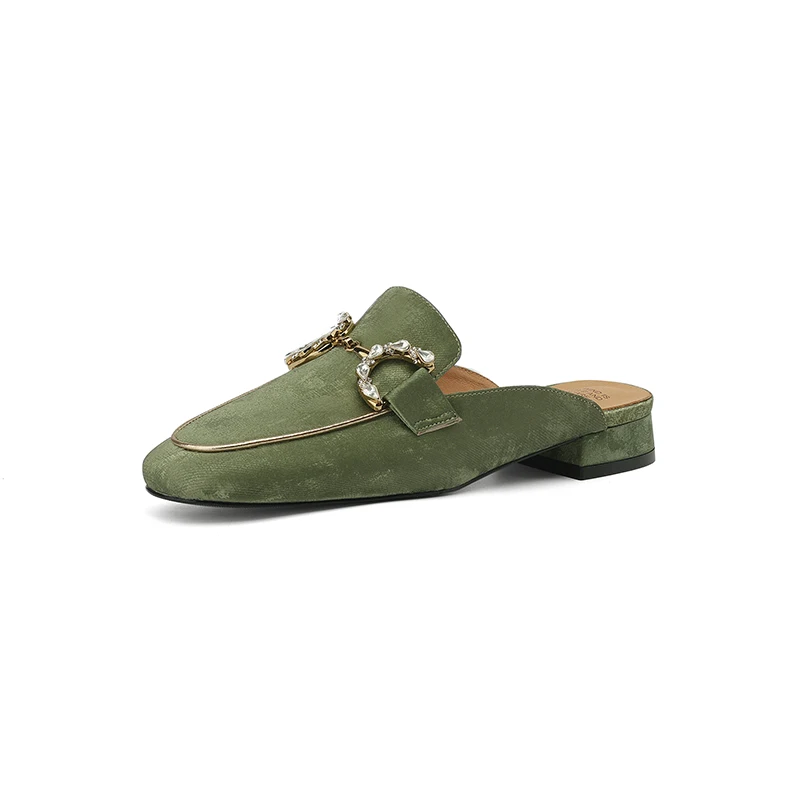Genuine Leather Fashion Women Mules Modern 2.5cm Thick Med heel Slippers Summer metal Buckle Mules heels Sandals Elegant Pumps