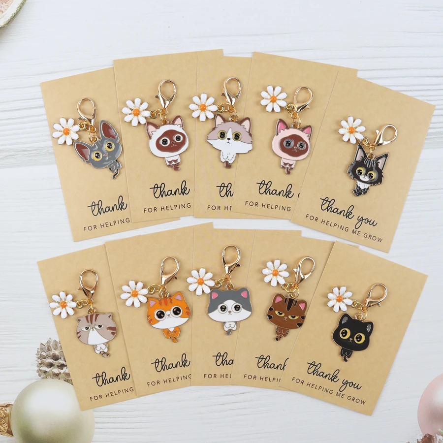 10 Cute Cat Flower Keychains, with a Thank You Card for Helping Me Grow, Perfect as a Gift for Family and Friends, Decorative Hanging Ornaments, Birthday, Party, Gratitude Gifts, Pet Cat Pendants.