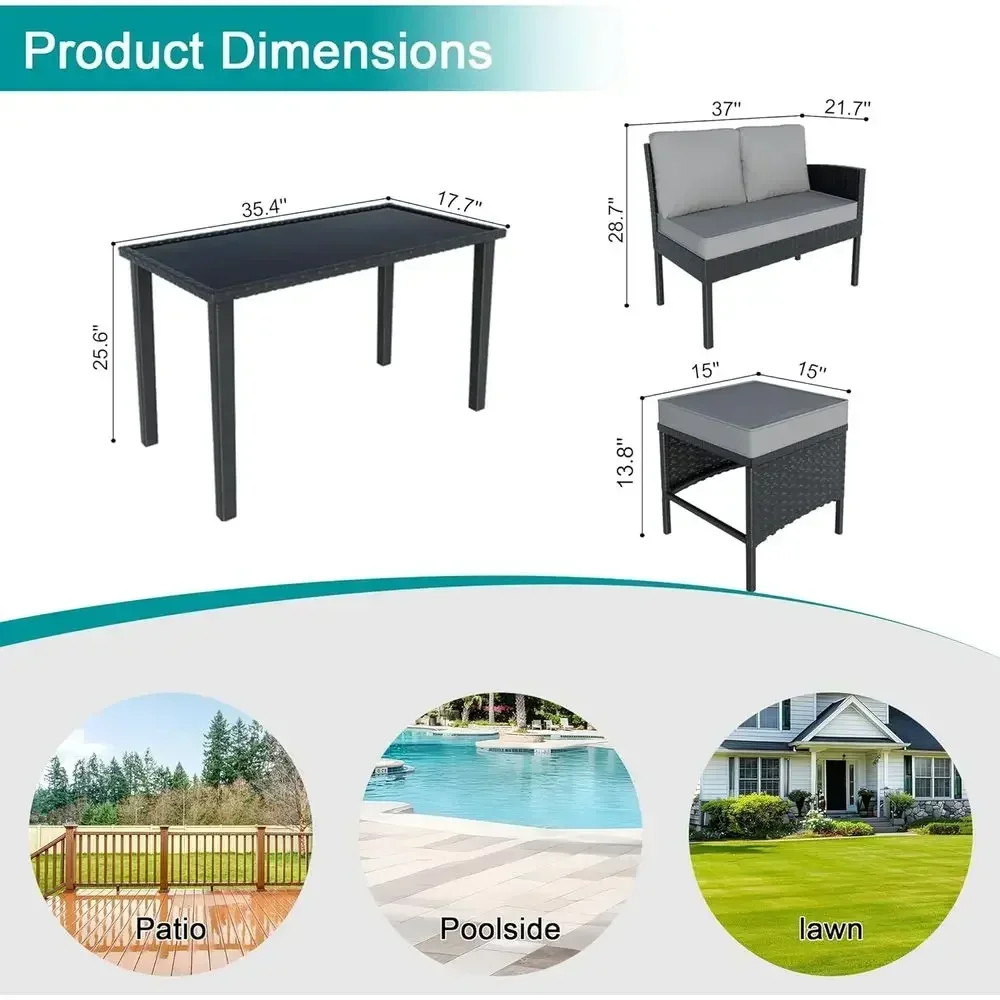 7-Piece Patio urniture Set, Outdoor Contion Set with Dining Table & Ottomans, PE Rattan Soa Set with Throw Pillows and Cushions