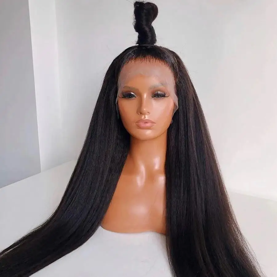 Peruca dianteira sem cola para mulheres, peruca sintética pré-arrancada com cabelo de bebê, cabelo macio e perverso, yaki preto natural, 26in, densidade de 180%