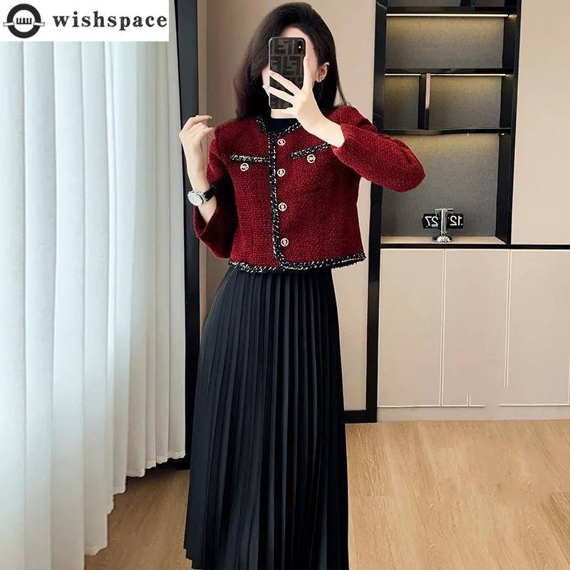 

Fashion Suit Women's Autumn and Winter Korean Version High-end Red Short Jacket Black Dress Elegant Women's Two-piece Set