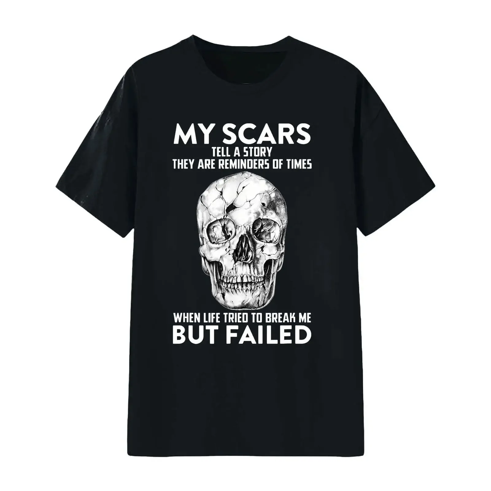 My Scars Tell A Story Cracked Skull Motivational Quote T Shirt Casual  Crew Neck Hip Hop vintage Washed streetwear Unisex