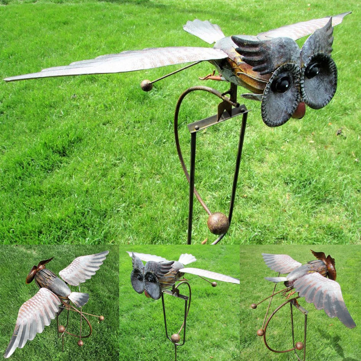 

Owl Garden Decoration Outdoor Iron Wing Flapping Owl Wind Spinner Life-Like Weather Resistant Eagle Garden Stake Outdoor Decor