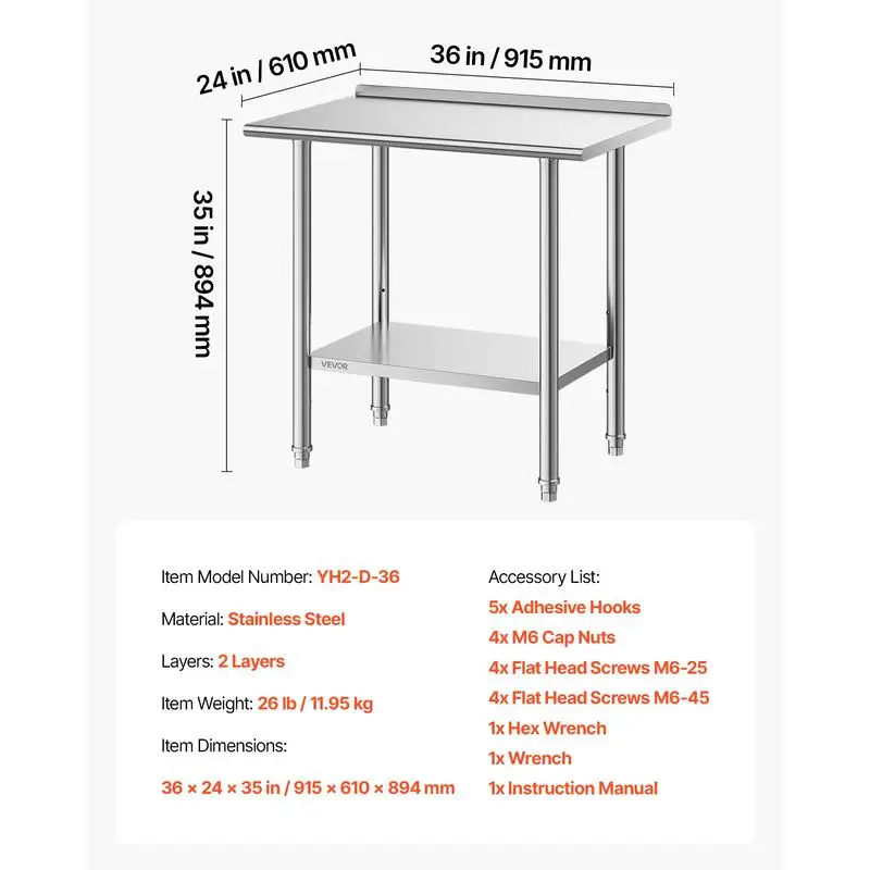 Stainless Steel Work Table, 24x36 Inch Food Prep Table with Backsplash, Commercial Kitchen Workstation with Adjustable Undershelf, Metal Heavy Duty Utility Worktable, for Restaurant Home Outdoor - view 2