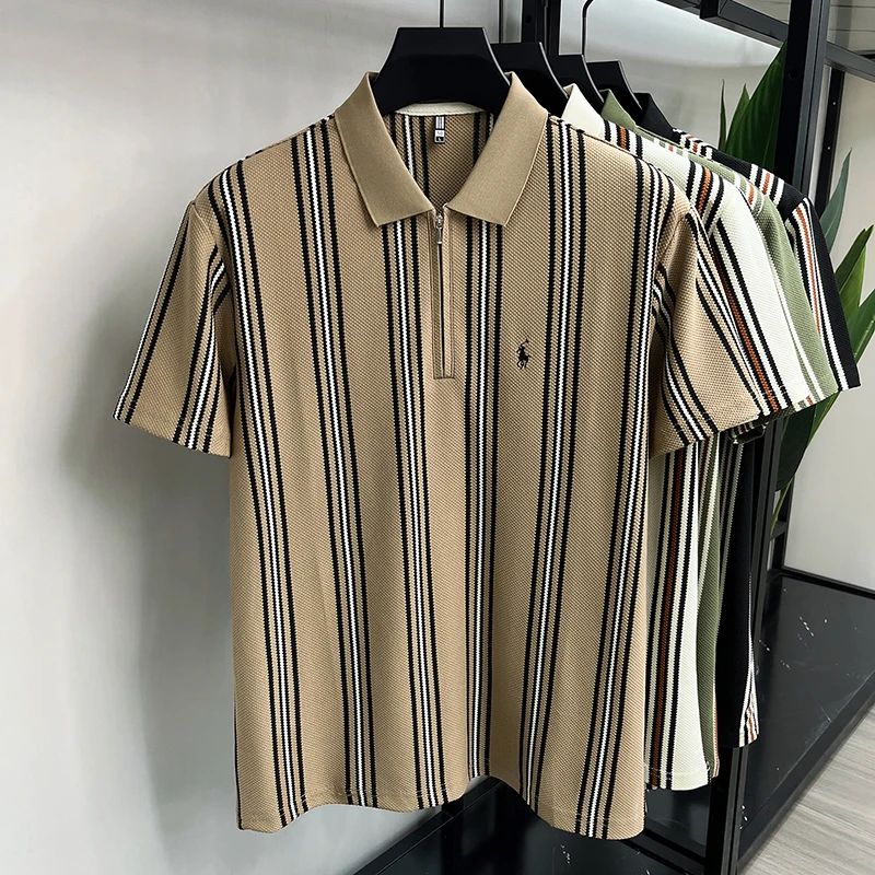 High end luxury brand short sleeve polo shirt summer new casual vacation striped design men's T-shirt Paul Pony embroidered top