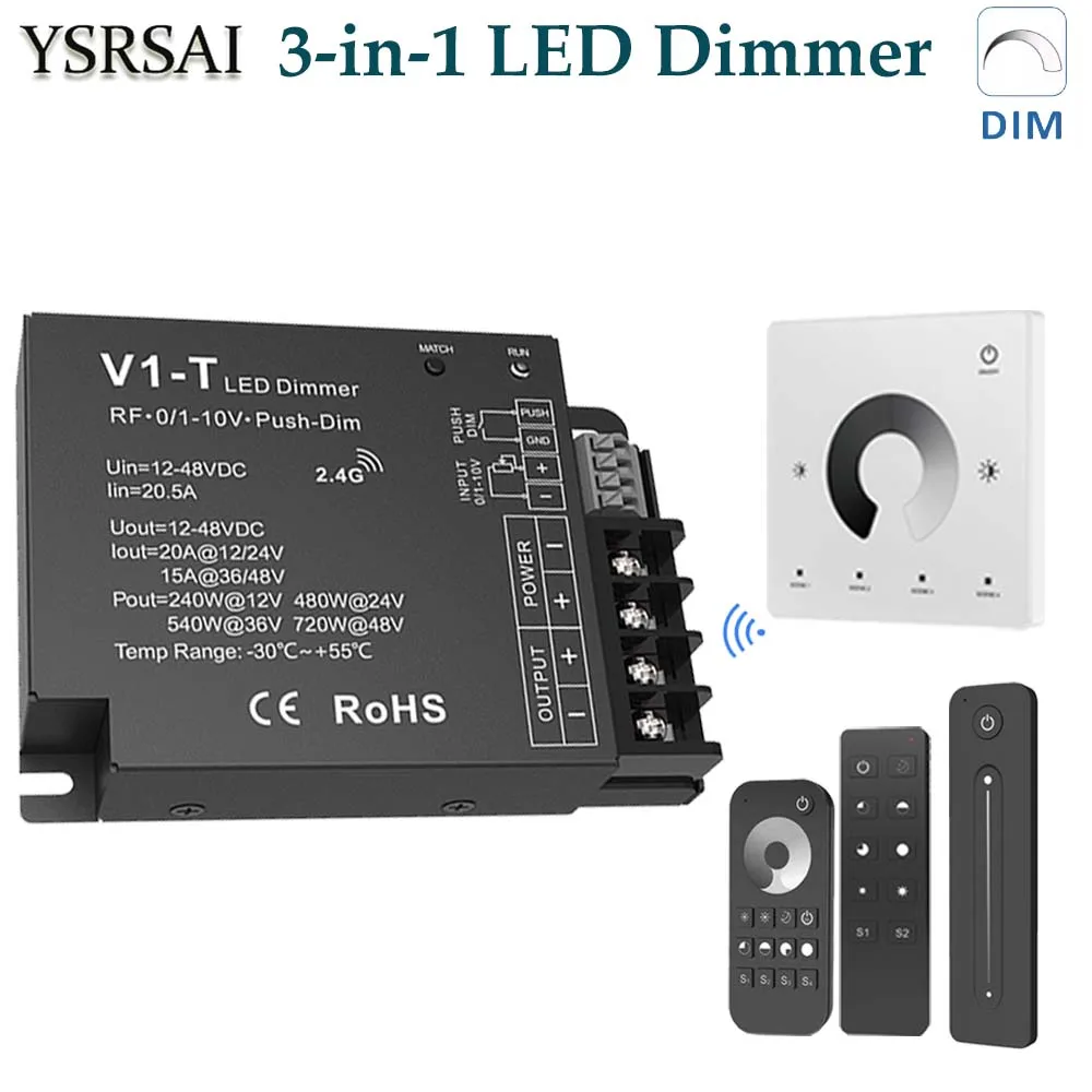 

RF&0-10V&Push-Dim 3-in-1 Dimming Controller V1-T 12-48VDC 1CH 20A with RF Remote Control Wall Panel for Single Color Dimming