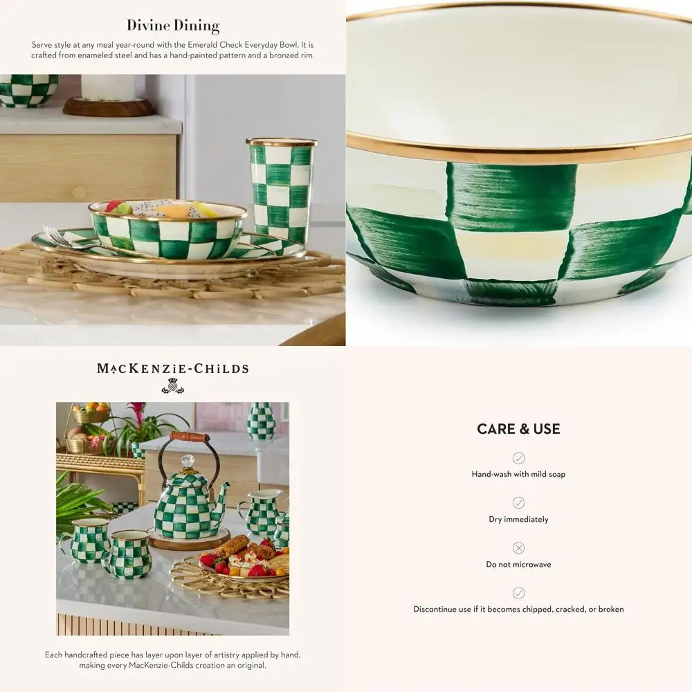

Everyday Enamel Serving Bowl, Compact Size, Vibrant Green & White Checkered Pattern