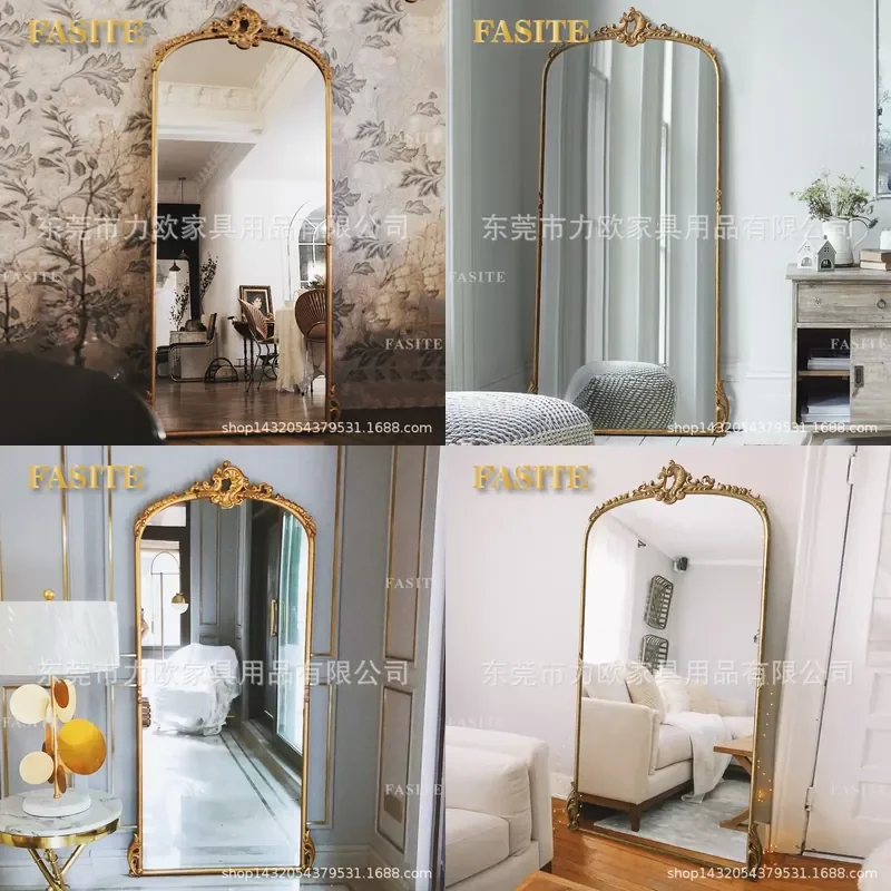 For European Retro Carved Floor to Ceiling Full Body Mirror Gold Large Dressing Mirror for Clothing Store Model Room