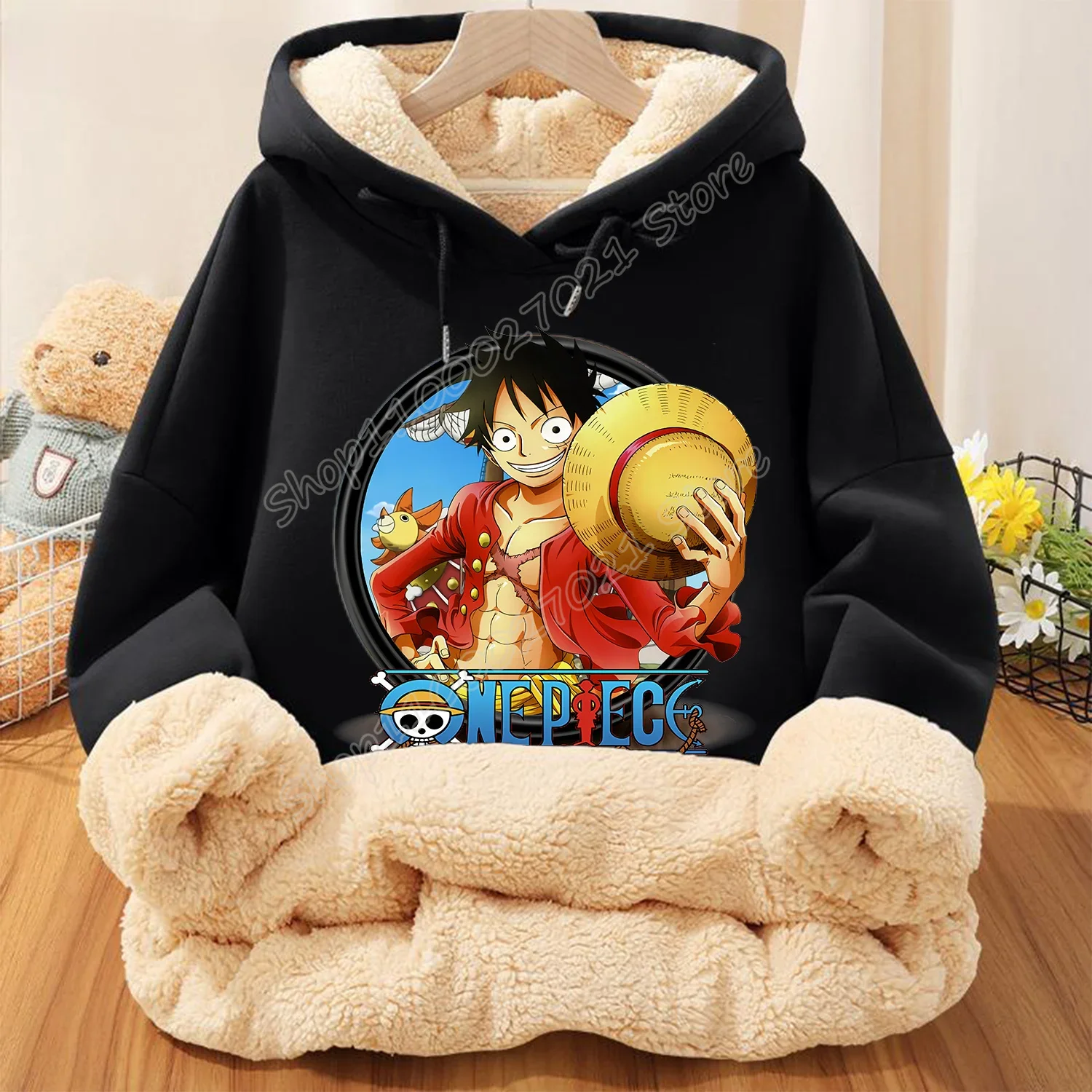 One Piece Fleecing Hoodie for Adult Hot Anime Luffy Zoro Sweatshirt Warm Winter Black Fleece Clothing Fashion Thick Clothes Gift