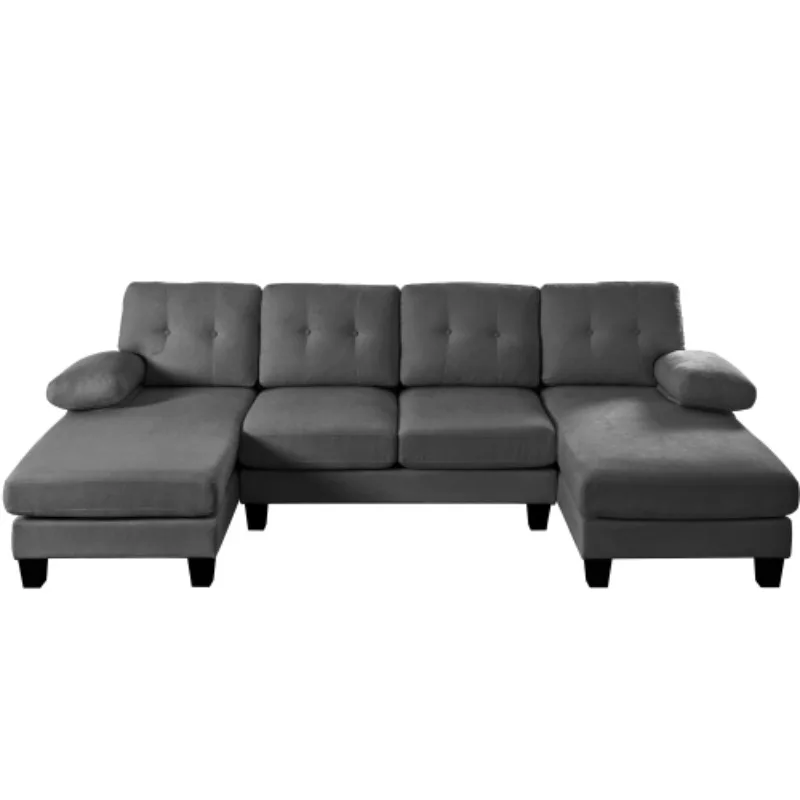 Canapé sectionnel en forme de U 4 places avec chaise longue, canapé-lit moderne en chenille avec dossier réglable, canapé capitonné avec poches de rangement et accoudoirs amovibles pour salon ou bureau, gris
