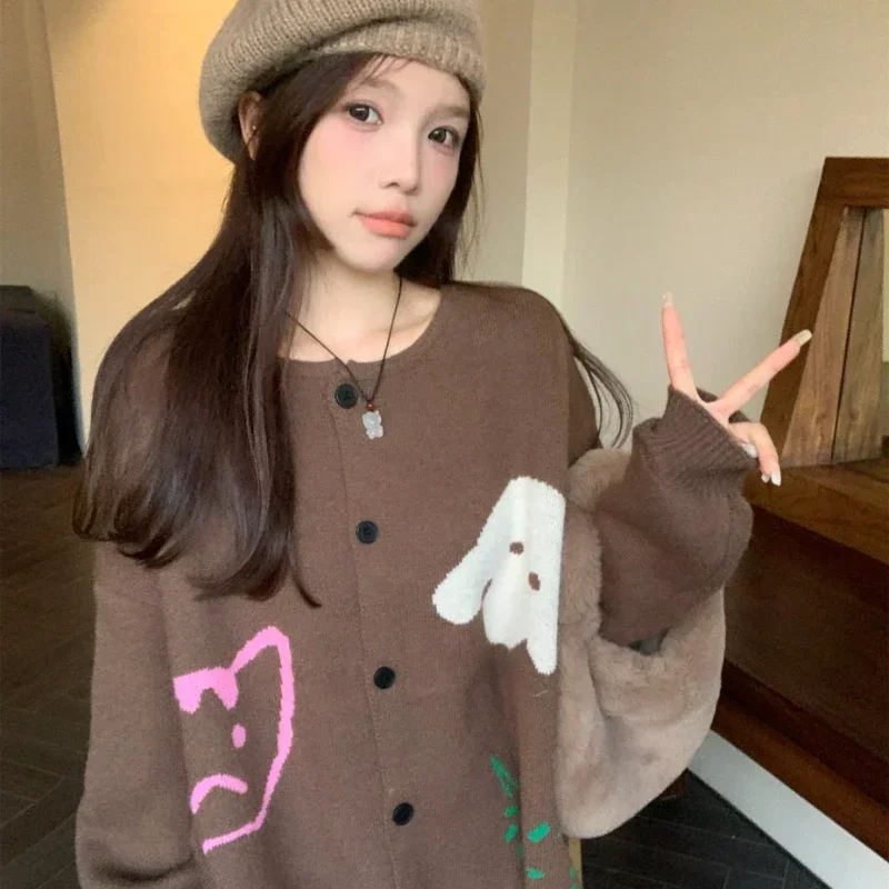 Korean Fashion Cardigan Women Literary Cartoon Pattern Jacquard Design Soft Knitted Cardigans Female Loose Cute Versatile Tops