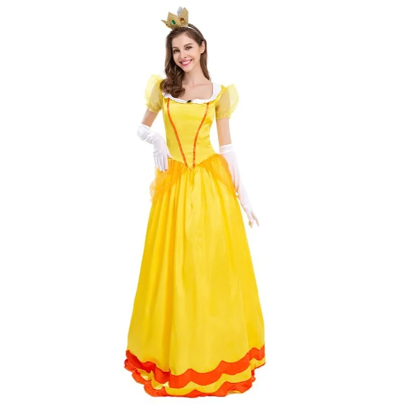 Super Marios Bros Daisy Princess Summer Dress for Women Adult Cosplay Costume Carnival Party Lady Dresses with Glove Crown Suit