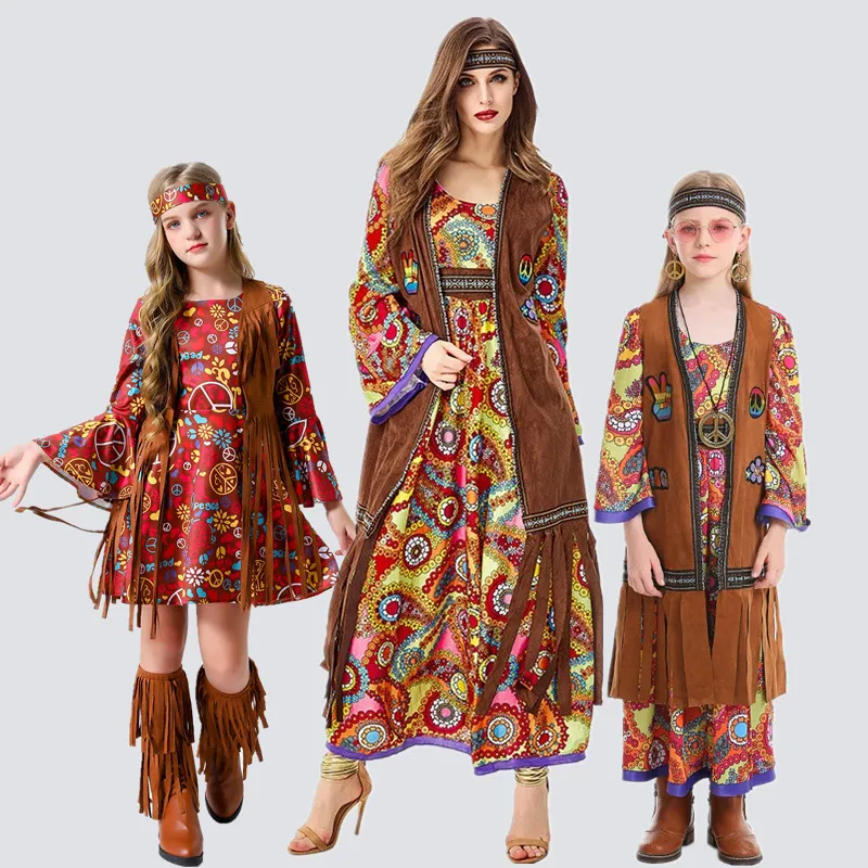 

Rebeila 70s Hippie Women's Costume Disco Performance Outfit loween Vintage Parent-Child Matching Clothes Stage Costume
