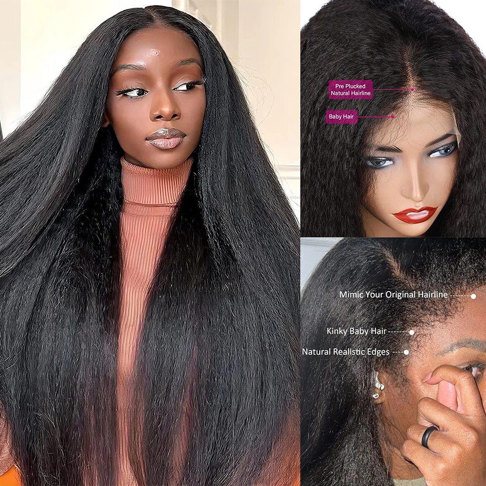 100% Human Hair Kinky Straight 13x4 Lace Front Wigs 200 Density 2 Tone 1B/30 1B/99J Ombre Afro Yaki Straight Hair Font Lace wigs