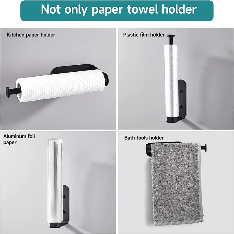 Portarrollos de cocina debajo del gabinete, autoadhesivo o perforador negro, portarrollos de cocina montado en la pared para baño y cocina