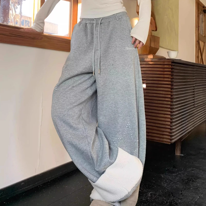 Vintage Design Star Pattern Lamb Wool Splicing Women's Pants Autumn Winter Versatile Fleece Lined Warm Wide-Leg Trousers Ladies