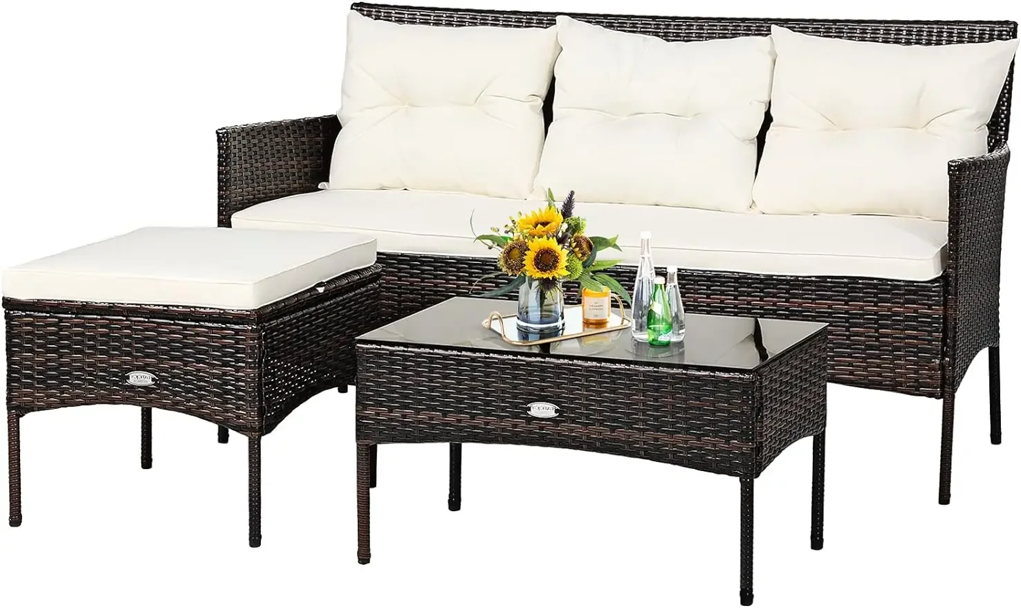 3 Pieces Patio Conversation Set, Outdoor PE Rattan Wicker Furniture Set W/Cozy Cushions, All Weather Sectional Sofa Set