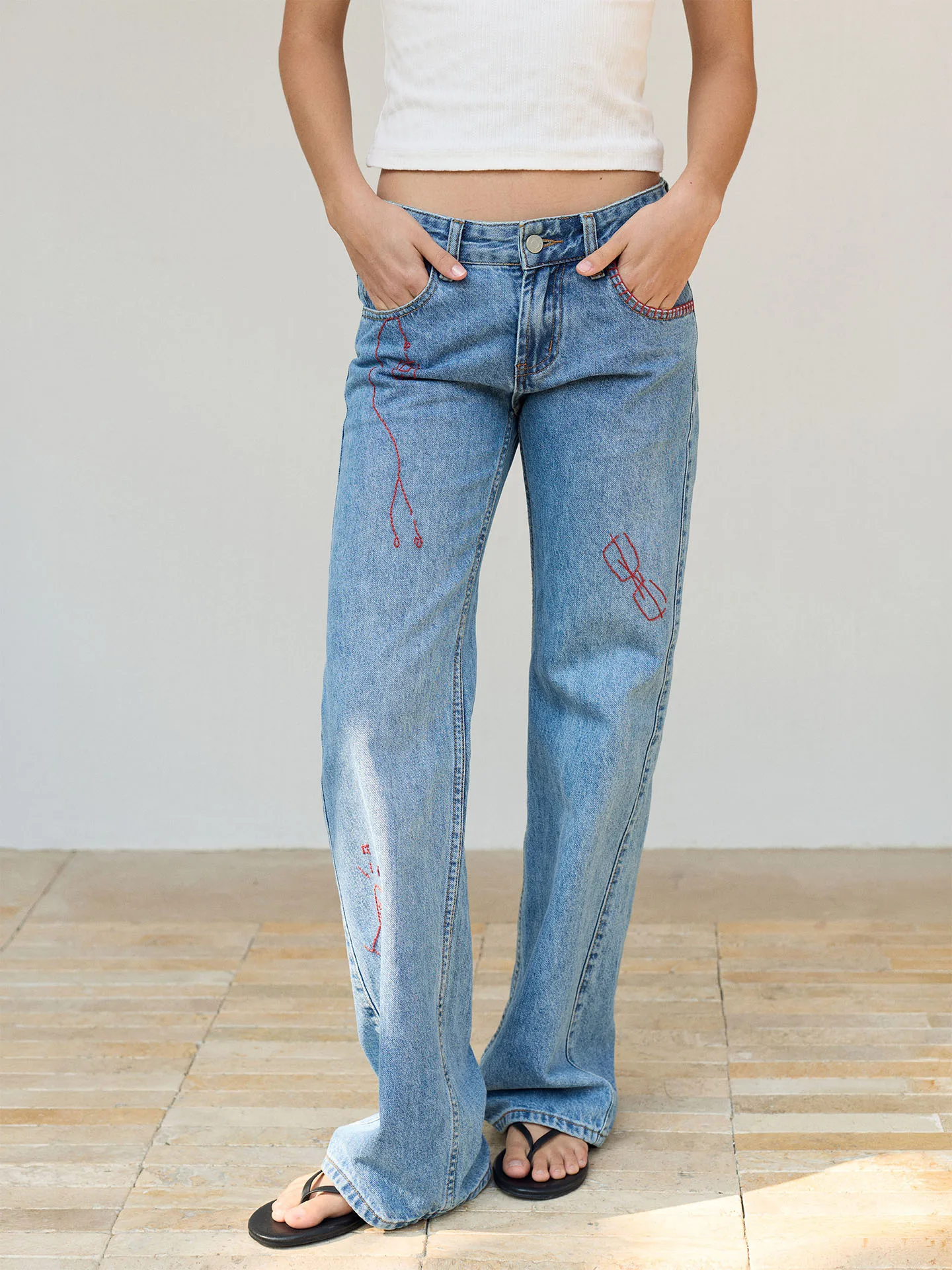

Hand Embroidered Casual Loose Long Jeans Women's Summer Slimming Low Waist Floor-Length Pants Straight Leg Denim Jeans