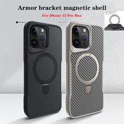 Luxury Carbon Fiber Magsafe Phone Case For iPhone 16 15 14 Plus 13 12 17 Pro Max Aluminum Alloy Bracket Magnetic Protective Case
