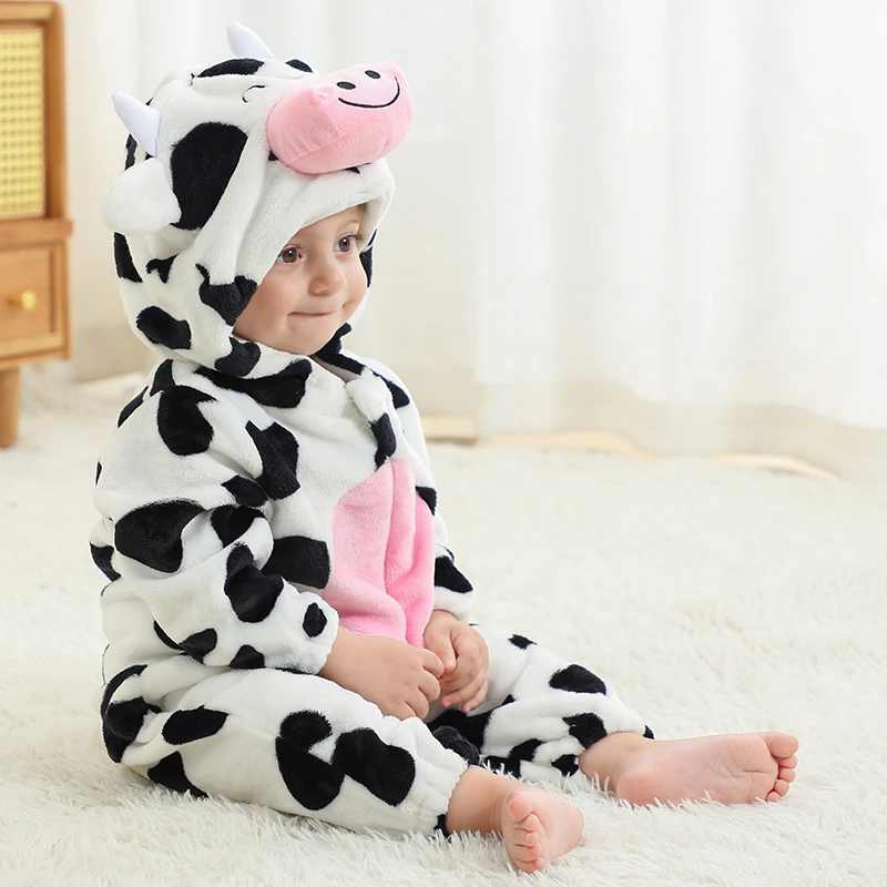 MICHLEY Halloween Cute Cow Flannel Baby Rompers Winter Clothes Costume Hooded Bodysuits Pajamas Animals Jumpsuit For Girls Boy