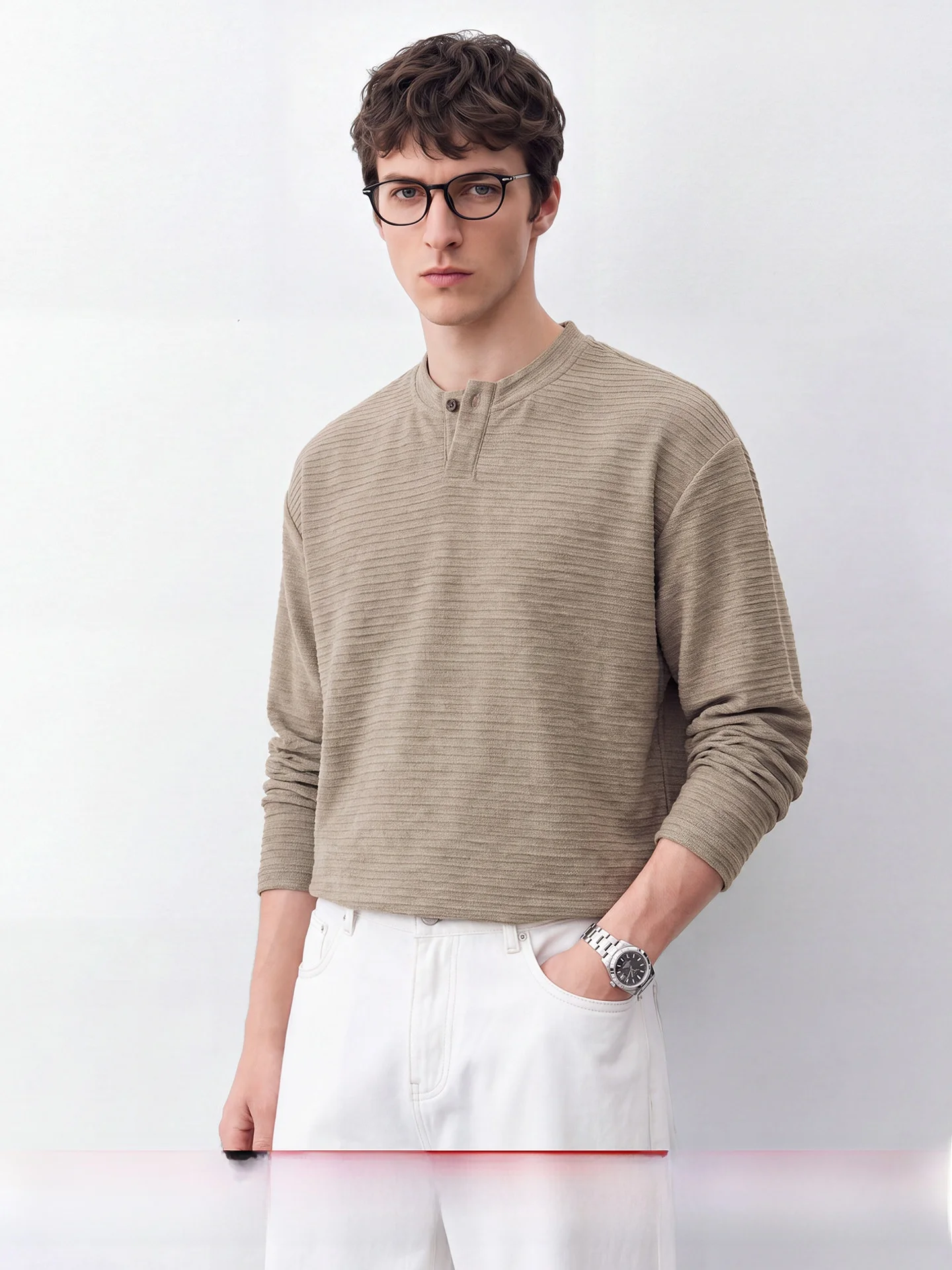 Retro Henry Collar Long Sleeve T-Shirt Men's Preppy Style Commute Top Textured Horizontal Weave Luxury Polyester Fiber