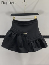 Nipped Waist Black Mini Skirt for Woman 2024 Spring New Women's Irregular Stitching Design Slimming A- Line Bubble Short Skirts