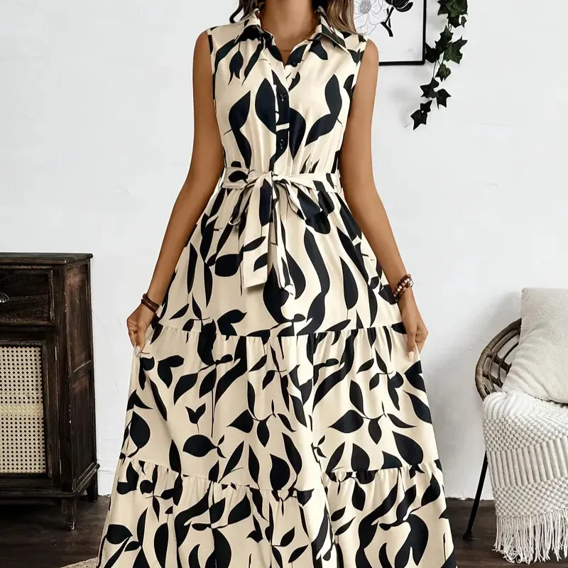 Chemise imprimée sans manches pour femmes, col rabattu, boutons, à lacets, décontractée, élégante, taille, col en V, à volants, ligne A, ample, surdimensionnée, robe de soirée