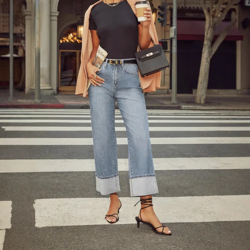 Женские джинсы Xintang2025Новые новые модные брюки с закрученным подолом и девятью точками, потертые эластичные прямые джинсы