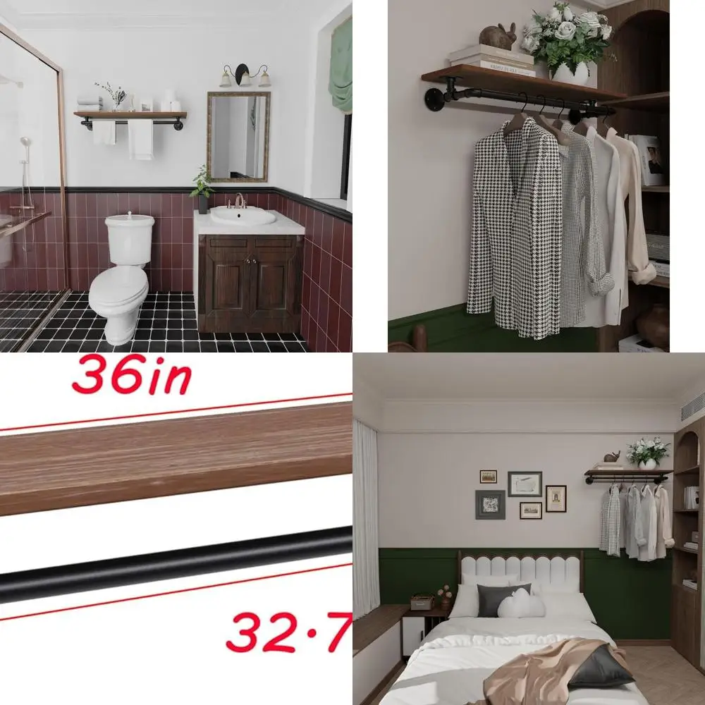 36 Inch Wall-Mounted Wooden Shelf Clothes Rack, Heavy-Duty Hanging Rod for Space-Saving Storage